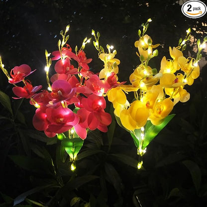 Solar Flower Lights, 2 Pack Solar Flowers with Purple & Yellow Orchids, Solar Outdoor Lights, Waterproof Solar Garden Lights for Yard, Patio, Pathway, Lawn, Flowerbed, Grave, Cemetery Decor