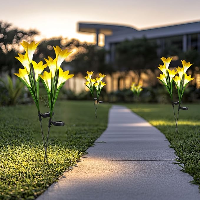 Outdoor Solar Lights, 2 Pack Solar Garden Lights with Lily Flowers, Waterproof Garden Light Outdoor - Yard Decorations for Patio Yard Decoration (Yellow)