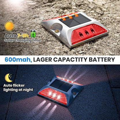 Solar Raised Pavement Marker High Brightness IP68 Waterproof Reflective Road Marker Solar Driveway Dock Lights Sidewalk Stair Garden Pathway Walkway（6 Pack） (Red, Keep Light)
