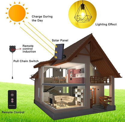Solar Pendant Lights, Solar Powered Shed Light with Pull Cord and Remote for Outdoor Indoor, Solar Chandelier, Gazebo Lights with Adjustable Panel for Yard Patio Balcony Barn Garage