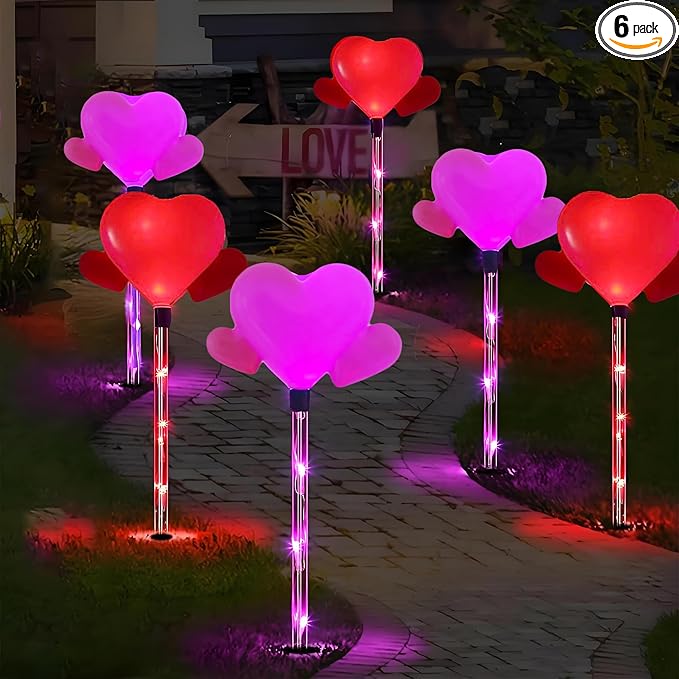 6 Pack Outdoor Solar Pathway Lights-Heart Stake Lightsing for Garden Valentine's Day Decor, Path Light, Waterproof Auto On/Off, Romantic Porch Walkway Romantic Wedding Party Yard Lawn