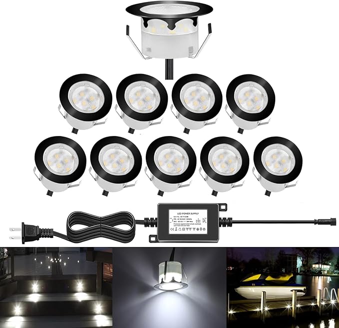 Deck Lights Outdoor Waterproof Low Voltage Lighting Kit Stainless Steel 1W Outdoor Yard Garden Decoration Lamps Landscape Pathway Patio Step Stairs Black Border(10pcs,Cool White)