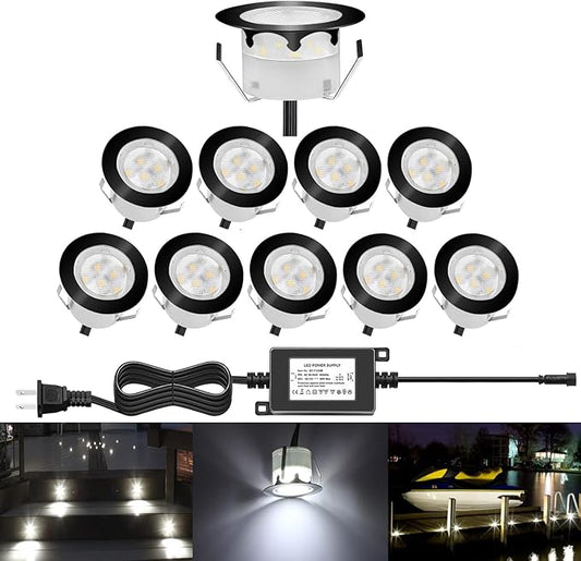 Deck Lights Outdoor Waterproof Low Voltage Lighting Kit Stainless Steel 1W Outdoor Yard Garden Decoration Lamps Landscape Pathway Patio Step Stairs Black Border(10pcs,Cool White)