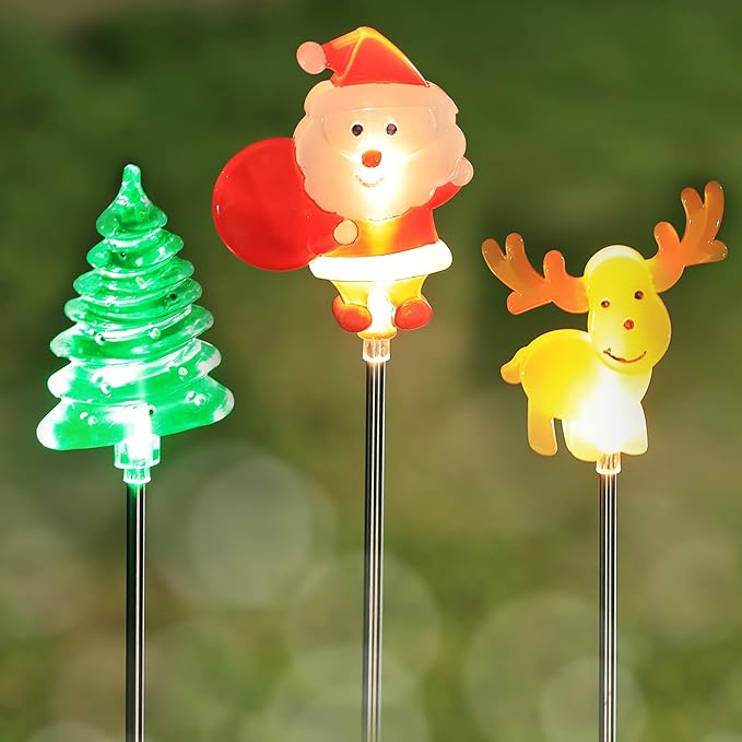 MAGGIFT 3 Pack Solar Christmas Garden Stake Lights, Solar Powered Santa Claus, X-mas Tree & Reindeer Outdoor Decorative Lights, Warm White LED Landscape Lighting, Waterproof for Patio Yard Decorations