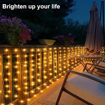 DBFAIRY Solar Curtain Lights, 13Ft x 3.3Ft 200 LED Outdoor Curtain Lights Waterproof Auto ON/Off 8 Modes for Garden Fence Patio Wall Decor (Warm White)