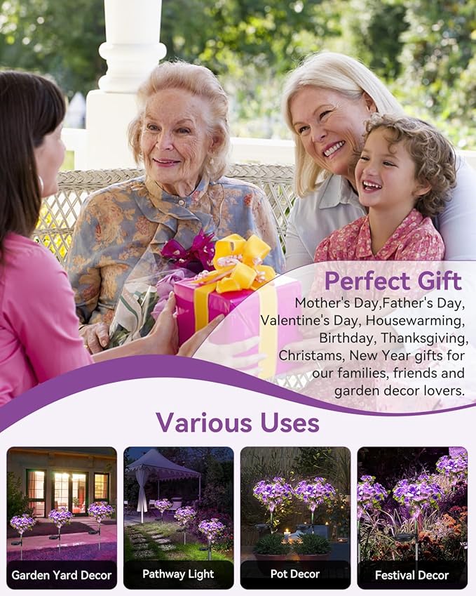 Neporal Solar Light Outdoor - 2 Pack Solar Garden Lights with Purple Carnation Solar Flowers, Solar Lights Outdoor Waterproof IP65, Solar Outdoor Lights Decorative for Outdoor Garden Decoration.