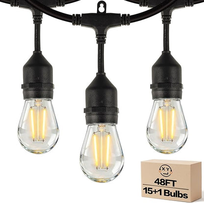 Outdoor String Lights, Super Bright LED - 48FT 15 S14 Bulbs (1 Spare), IP65 Waterproof, Commercial Grade & Shatterproof, Dimmable, UL Listed for Patio, Porch, Backyard, Gazebo