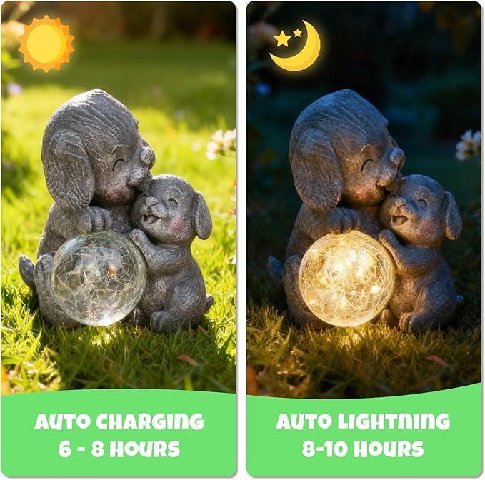 Solar Garden Statue Light, 8inch Outdoor Puppy Figurine with Solar Light for Patio, Lawn, Yard, Housewarming Birthday Gifts for Dad, Mom, Grandma,Women (Grey Dog)