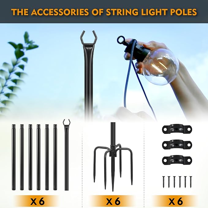 FEED GARDEN String Light Poles for Outside,10FT Metal Poles for Outdoor String Lights, Stand Poles for Deck | Lumora