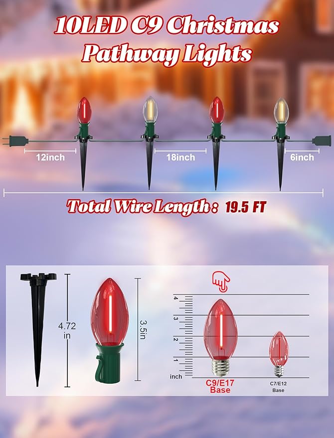 19.5FT Red and White Christmas Pathway Lights Outdoor, C9 LED Christmas Lights Outdoor with 10 Bulbs,Connectable | Lumora