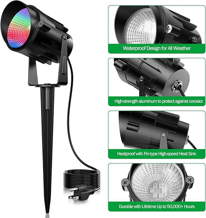 Spotlight Outdoor RGB Led Lights, 12W Color Changing Outdoor Floodlight Fixture with Stake for Garden Yard Path, 120V Waterproof Landscape Lighting Plug in with Remote (4 Pack)