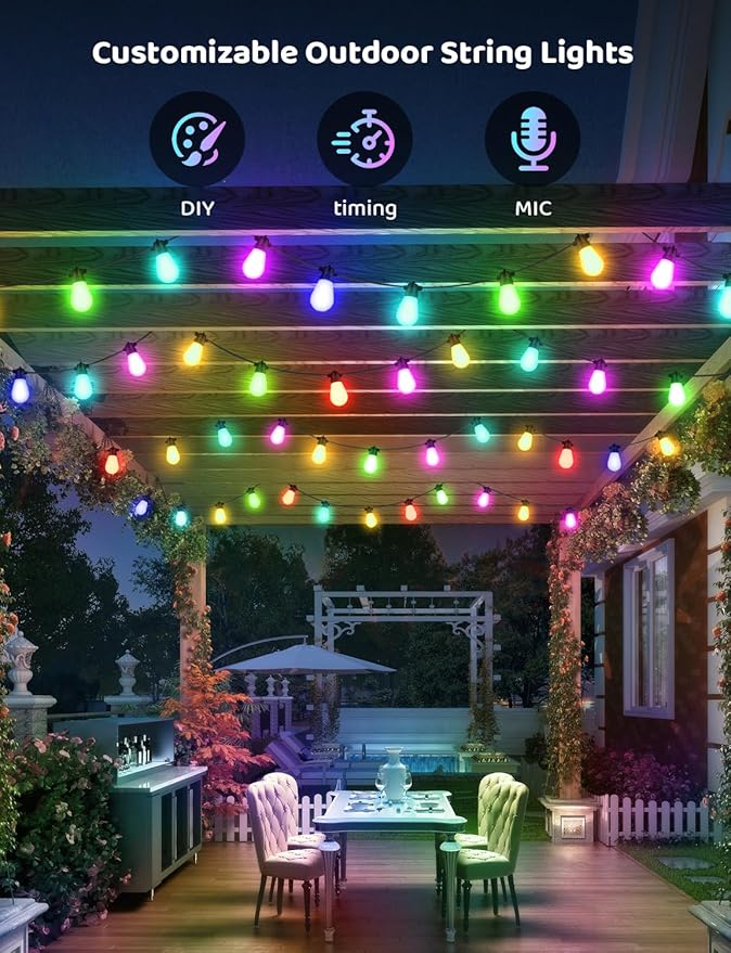 IP67 Waterproof DIY Design 100FT 30LEDS Smart RGB+IC Outdoor String Lights,Color Changing Bluetooth S14 LED Patio Lights with Remote&APP for Outside