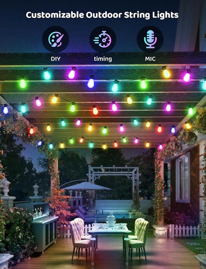 IP67 Waterproof DIY Design 65.6FT 20LEDS Smart RGB+IC Outdoor String Lights,Color Changing Bluetooth S14 LED Patio Lights with Remote&APP for Outside,Themable for Football Clubs,Patio,bar,café