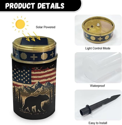 Independence Day Solar Memorial Lights for Graves Solar Powered Outdoor Cemetery Lights for Grave 2 Pack Cemetery Decorations for Grave for Remembrance Gifts American Flag Bear