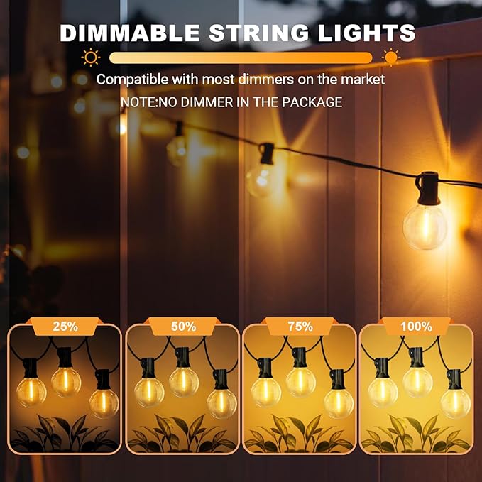 LAMPHOME Outdoor String Lights, 26FT 13 G40 Bulbs Shatterproof Patio Lights, IP65 Waterproof Dimmable Hanging | Lumora