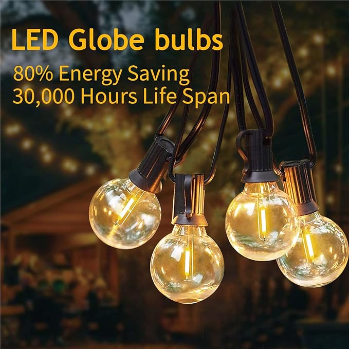 Abeja Outdoor String Lights, 25Ft G40 Globe LED Patio Lights with 27 Edison Plastic Bulbs(2 Spare), Hanging Patio | Lumora