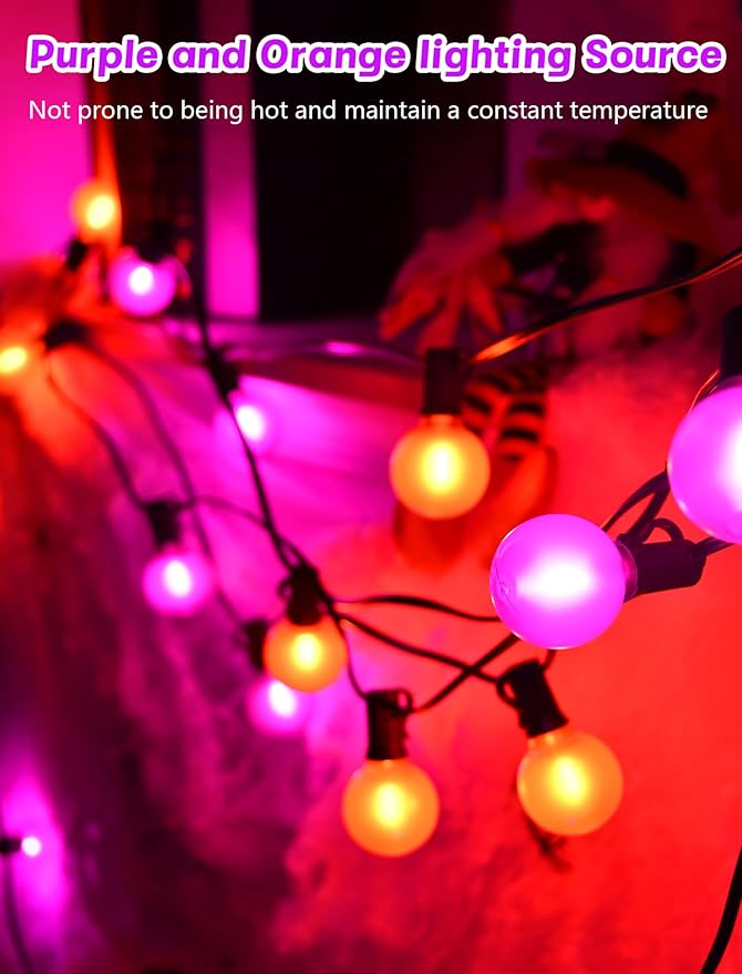 50ft Halloween Outdoor String Lights, G40 LED Halloween Globe Lights with 27 Frosted Orange and Purple Bulbs(2 | Lumora