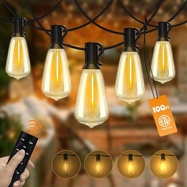 100FT Outdoor String Lights with Remote Patio Lights for Outside 52 Shatterproof Waterproof ST38 Edison Bulbs | Lumora