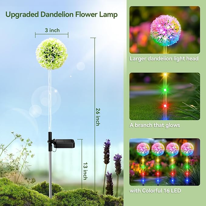 Solar Garden Lights Outdoor Decor: 4 Pack Dandelion Solar Flower Lights, 2 Modes 16 LED Colored Solar Lights for | Lumora