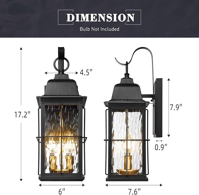 zeyu 17.2 Inch Exterior Black Light Fixture, 2-Light Outside Wall Light for House, Die-Cast Aluminum with Water Ripple Glass, Black and Gold Finish, 20071B2 BK+BG-WP