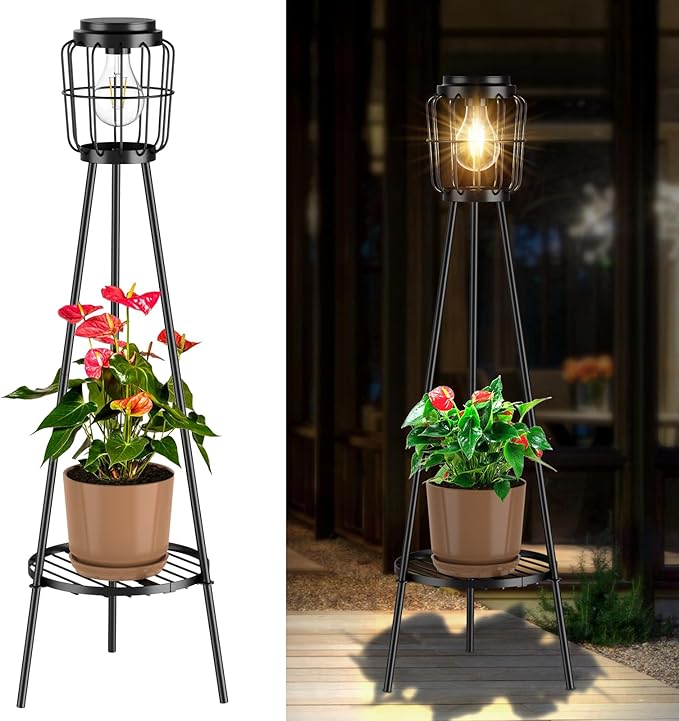 MXwcy Solar Lights Outdoor with LED Edison Bulbs, Solar Floor Lamp with Plant Stands for Garden Yard Pathway Driveway Front/Back Porch Decoration