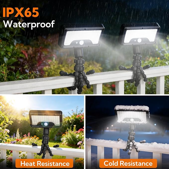4 Pack Solar Motion Sensor Lights Outdoor, Flexible Octopus Tripod Security Lights, IP65 Waterproof with USB-C Charging, 600LM for Camping, Fence, Patio, Garden