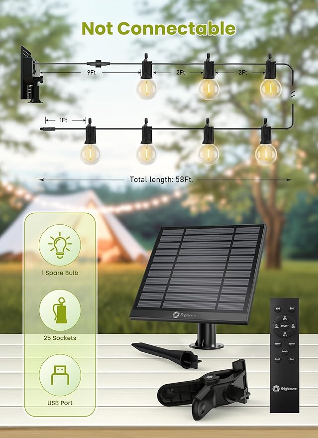 Brightown 58FT Solar String Lights Outdoor with Remote Cable Ties Hooks, 26 LED Shatterproof Bulbs, 3 Light Modes | Lumora
