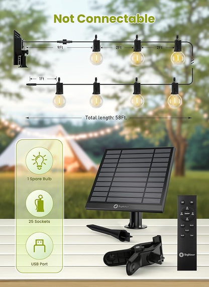 Brightown 58FT Solar String Lights Outdoor with Remote Cable Ties Hooks, 26 LED Shatterproof Bulbs, 3 Light Modes, Dimmer & Timer, Commercial Grade Patio Lights for Yard Balcony Pergola Party Decor