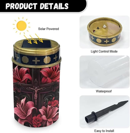 HUGS IDEA Lily Cross Solar Grave Lights Waterproof Solar Lights Outdoor Garden Ornaments Memorial Decor Religious Cemetery Lighting for Gardens & All Saints Day