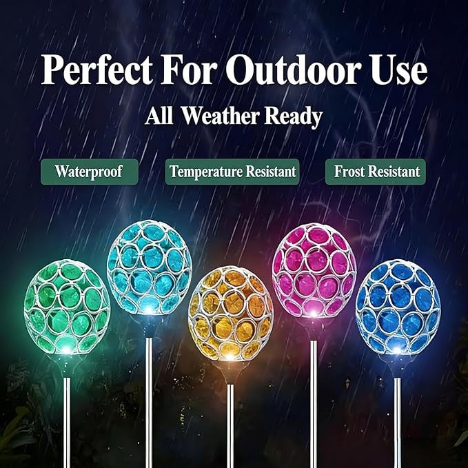 Garden Solar Lights, Outdoor Solar Powered Decorative Lights with Cracked Color Changing Glass Ball and Long Spike Base for Patio, Yard, and Pathway Decoration