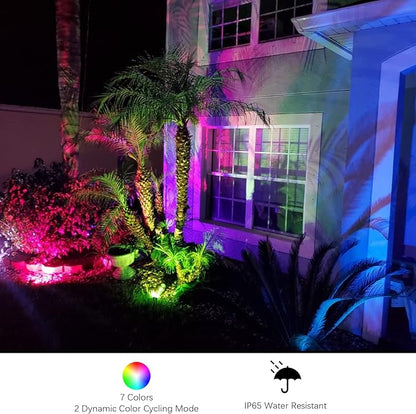 GOODSMANN RGBW Low Voltage LED Spotlight Color Changing Landscape Light 12V-15V 12W 650 Lumen Outdoor Spot Light 9 Lighting Modes Aluminum Flood Light with Cable Connector and Metal Spike Stake