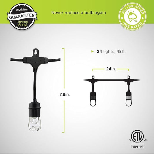 Enbrighten Classic Warm White String Lights, 48ft Black Cord, 24 Shatterproof Acrylic Bulbs, Weatherproof, Outdoor String Lights, 31664