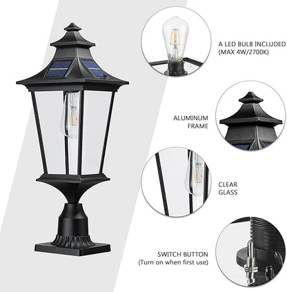 Emliviar 22 Inch Farmhouse Solar Lamp Post Light with Pier Mount, Large Outdoor Post Light for Outside Patio with Remote Control, Die-Cast Aluminum, Black Finish, 500181M-SL BK