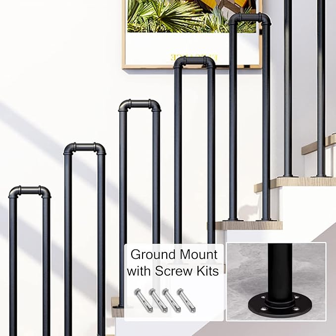 Hand Rails for Indoor Outdoor Steps 1 2 3 4 5 6 8 10 Steps, Black Industrial Pipe Staircase Handrails In Ground for | Lumora