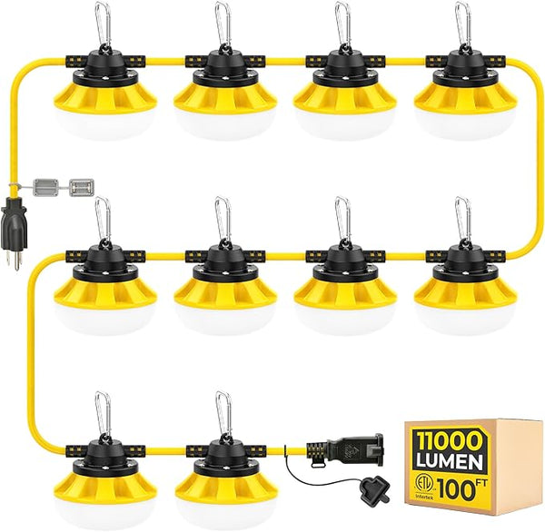 100ft Construction String Lights: 3 Prong 100w 11000lm ETL Certified Bright Industrial Outdoor Temporary Lighting | Lumora