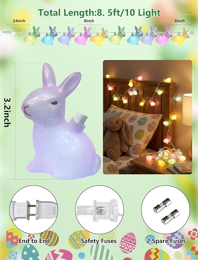 Easter Rabbit String Lights 8.5FT Plug in Bunny Fairy Lights Outdoor Easter Decorations String Lights with 10 Multicolor Bunny Lights for Indoor Wedding Birthday Party Garden Wall Home Decorations