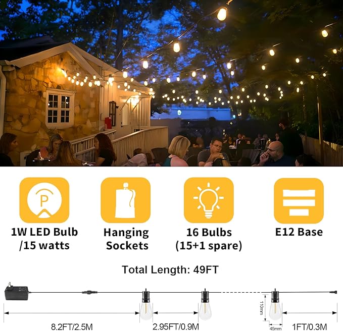 LED String Lights Outdoor 15M, Dimmable Waterproof Patio Lights with Remote, 24V S14 Shatterproof Edison Bulbs, 3 Modes Connectable for Garden, Backyard, Porch, Balcony, Deck