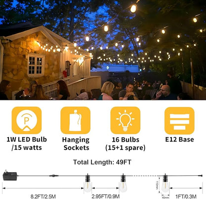 LED String Lights Outdoor 15M, Dimmable Waterproof Patio Lights with Remote, 24V S14 Shatterproof Edison Bulbs, 3 Modes Connectable for Garden, Backyard, Porch, Balcony, Deck