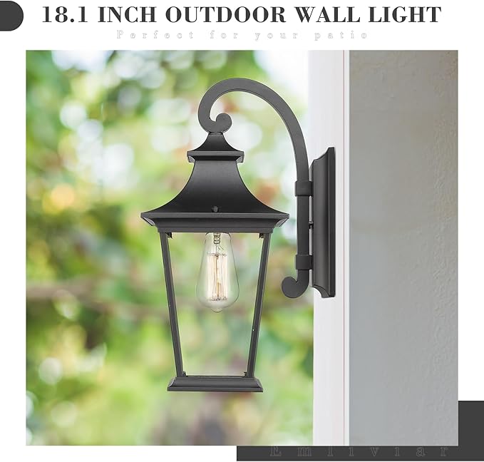 Emliviar Outdoor Wall Lantern, 1-Light Exterior Wall Mount Light with Clear Glass in Black Finish, 18" Height | Lumora