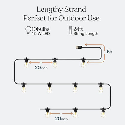 Brightech Ambience Pro USB Powered String Lights - 24 Ft Commercial Grade Waterproof String Lights - Outdoor Shatterproof Patio Lights for Camping, Backyard, Porch, Christmas - 1W 12 Bulbs, Warm White