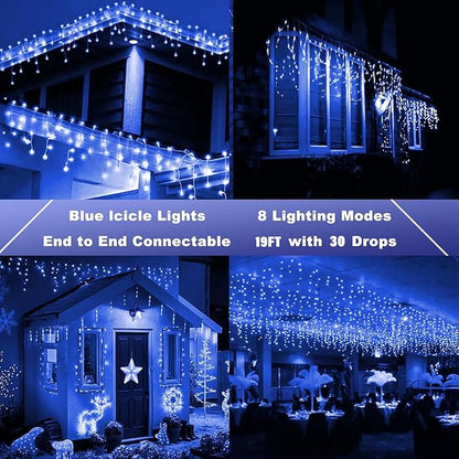 Joomer Christmas Icicle Lights - 19FT Outdoor String Lights Waterproof, 8 Modes Timer Connectable Plug-in String Light for Christmas Party, Eaves, Roofs, Xmas Decorations (Blue)