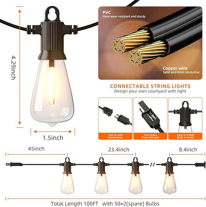 Kawaya 100 FT LED Outdoor String Lights with 50+2 Shatterproof Vintage Edison Bulbs, Dimmable IP65 Waterproof, Perfect for Yard, Porch, Deck, Balcony, Bistro, Cafe, Party