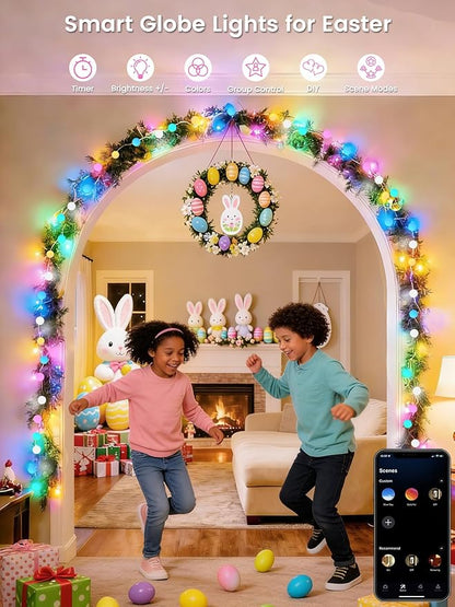 Smart Color Changing Easter Lights Outdoor Indoor, 33FT 66LED App Control RGB Globe Pastel String Light with Remote & Timer, Music Sync Twinkle Fairy Light for Girl's Bedroom Easter Decorations