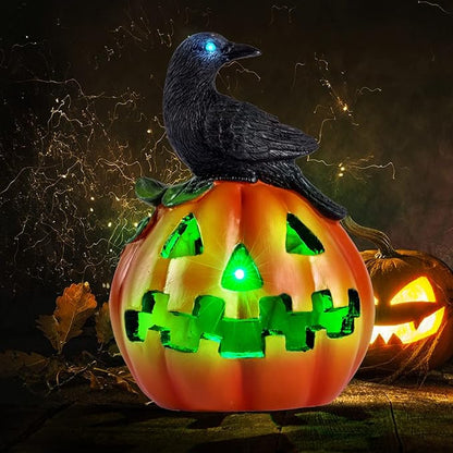 HUYIENO Solar Halloween Pumpkin Decoration with Crow Solar Powered Garden Lights Color Changing LED Halloween Yard Lawn Party Outdoor Decorations