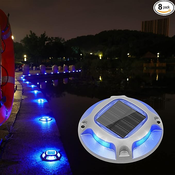VOLISUN Solar Driveway Dock Marine Lights 8-Pack,2 Colors in 1,Outdoor LED Deck Lights,Solar Powered Waterproof Driveway Marker Light for Warning Step Sidewalk Pathway (White/Blue),Saltwater Resistant