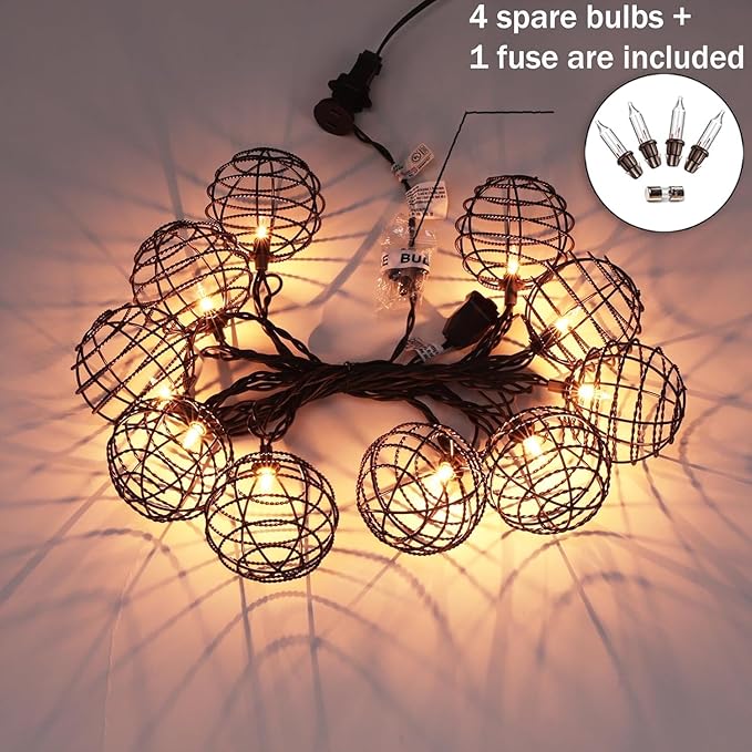 Decorative Indoor Outdoor String Lights, 10 Bulbs Patio Globe Vintage Lantern String Light, Iron Wire Twist Ball Covers, UL Listed Plug In Connectable Lights for Bedroom Porch Backyard Mantel Decor