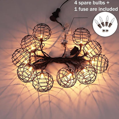 Decorative Indoor Outdoor String Lights, 10 Bulbs Patio Globe Vintage Lantern String Light, Iron Wire Twist Ball Covers, UL Listed Plug In Connectable Lights for Bedroom Porch Backyard Mantel Decor