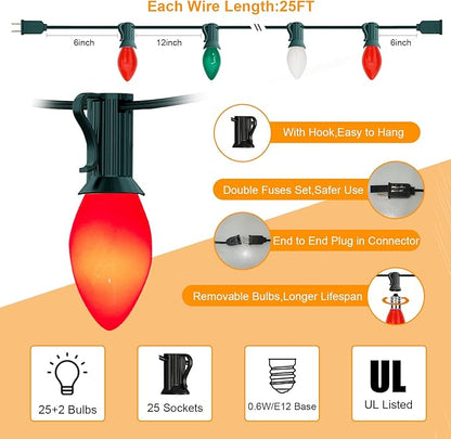 C7 Multicolor Christmas String Lights 25 Feet Outdoor String Lights with 27 LED Red White Green Bulbs(2 Spare), Hanging Christmas Lights for Roof Patio Balcony Party Xmas Decor, Green Wire