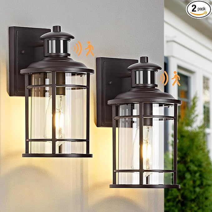 OKELI Motion Sensor Outdoor Wall Lights-Dusk to Dawn Porch Light,Brown Outdoor Lights Fixture,3 Lighting Modes Waterproof Anti-Rust Outdoor Lights for House Porch Garage (2 Pack