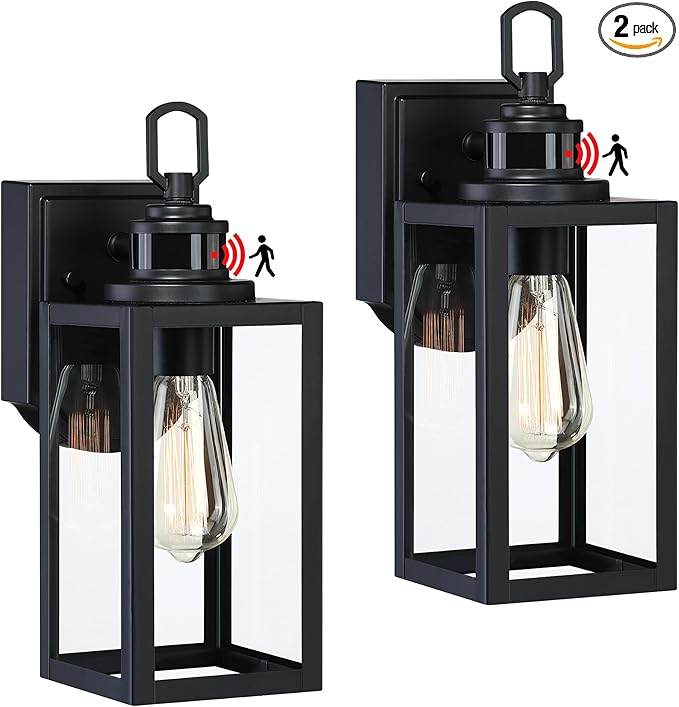GRUENLICH Dusk to Dawn Outdoor Wall Lantern, PIR Motion Sensor Wall Sconce, E26 Base Max 60W, Metal Housing Plus Glass, Matte Black Finish, Bulb Not Included, 2-Pack